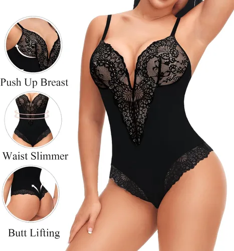 Vista 7 de Fajas Colombianas - Body de encaje sexy para mujer, con control de abdomen, espalda descubierta, cuello en V, tangas
