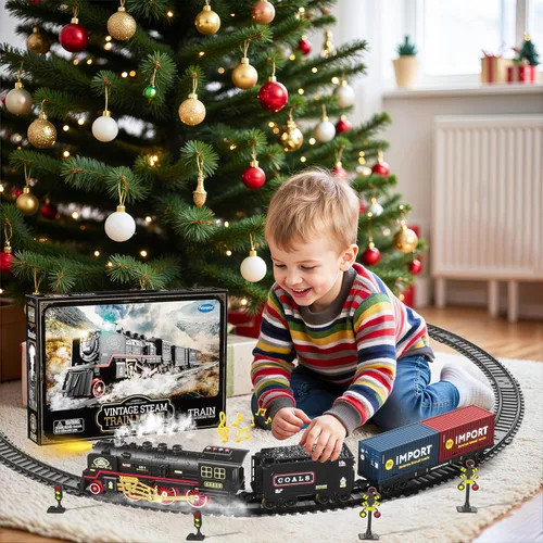 Vista 4 de Funwee Juego de tren para debajo del árbol de Navidad, juguete de tren eléctrico con humo, luces y sonido, modelo de tren de locomotora con pista