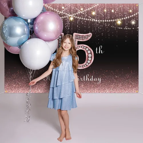 Vista 6 de HAMIGAR Fondo de pancarta de feliz cumpleaños número 15 de 6 x 4 pies, decoraciones de cumpleaños de 15 años, suministros de fiesta para mujeres