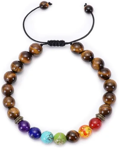 Vista 7 de Brazalete GelConnie de piedras de lava, 7 chakras, 0.32 pulgadas, piedra natural, para curación, alivio del estrés, yoga, ansiedad, aromaterapia