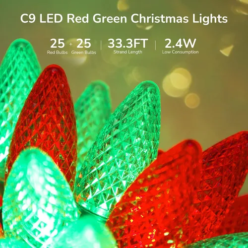 Vista 2 de DEWENWILS Luces de Navidad C9 para exteriores, 33.3 pies, 50 luces LED para árbol de Navidad, impermeables, grandes luces de Navidad, extensibles