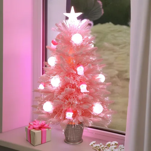 Vista 9 de Árbol de Navidad de fibra óptica rosa preiluminado, decorado con muñeco de nieve y bolas de Navidad (3 pies)