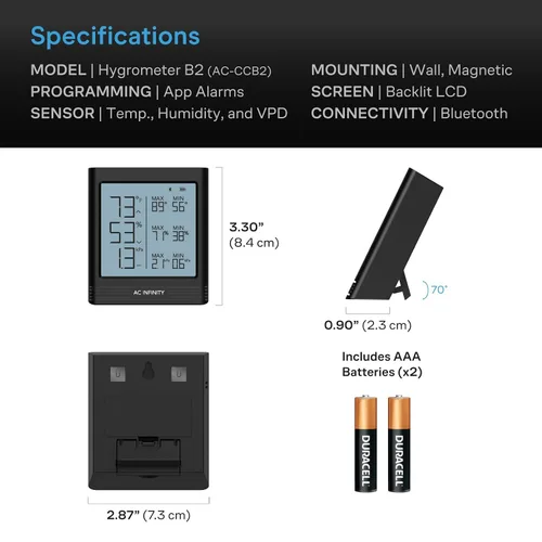 Vista 6 de AC Infinity Temperatura Humedad VPD Smart Hygrometer B2 con pantalla LCD. Bluetooth App Monitor, Climate Gauge Thermometer for Basements, Guitar
