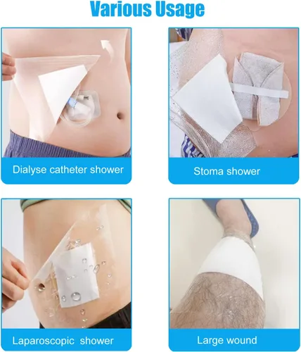 Vista 3 de Fundas de ducha impermeables para bolsa de ostomía, paquete de 30 fundas de ducha de catéter de diálisis de 8 x 8 pulgadas, cubierta de protección