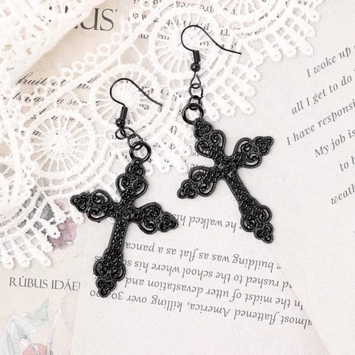 Vista 6 de Sacina Aretes de cruz gótica, aretes negros, aretes góticos, aretes góticos, joyería de cosstume, aretes de Halloween, regalo gótico de joyería
