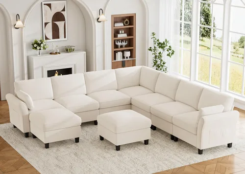 Vista 10 de Legend Vansen Sofá modular seccional, cómodo sofá modular en forma de U de 6 asientos con espacio de almacenamiento y diván, sofás seccionales Crema