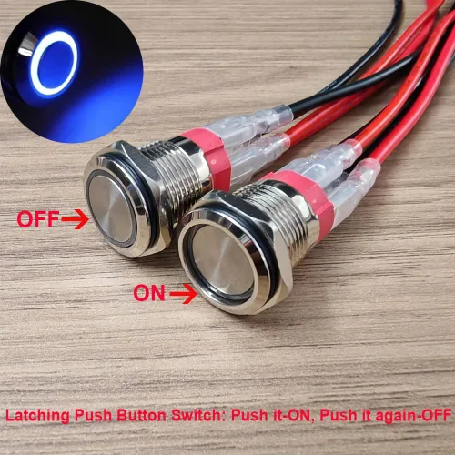 Vista 2 de Gebildet 2 piezas Botón de presión de cierre LED azul impermeable 110-230VAC/15Amp 16 mm Interruptor de botón de acero inoxidable impermeable