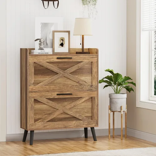 Vista 12 de Homleke Armario de Almacenamiento de Zapatos Estilo Granja de 32" de Ancho con 2 Cajones Abatibles y Diseño de Puerta de Granero, Estantes