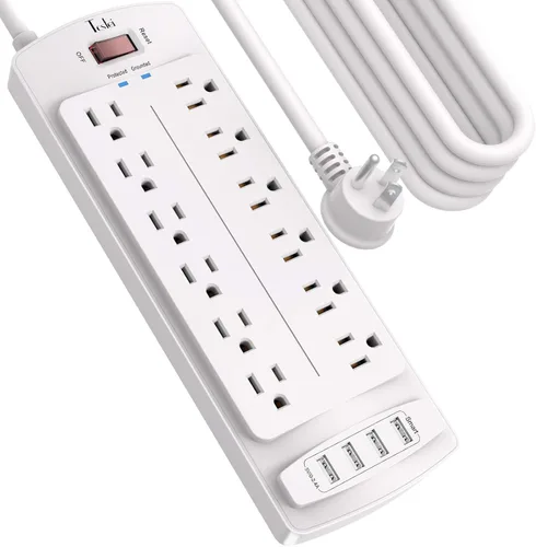 Vista 8 de Tcstei - Protector de sobretensiones con 12 salidas y 4 puertos USB, cable de extensión de 6 pies para el hogar, oficina, artículos esenciales