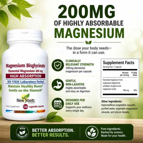 Vista 5 de New Roots Herbal Bisglicinato de magnesio, 120 cápsulas de suministro para 120 días, 200 mg de magnesio elemental para dormir, corazón, función