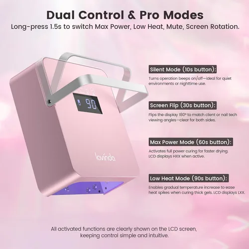 Vista 4 de Lavinda Lámpara de uñas profesional grande de 60 W con mango portátil, secador de uñas UV/LED con características de control de doble temperatura
