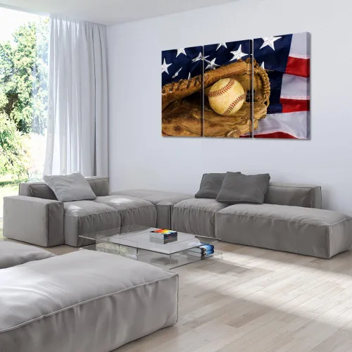 Vista 4 de KREATIVE ARTS - 3 impresiones en lienzo grandes para pared, póster de béisbol y bandera estadounidense, imagen deportiva impresa en lienzo, estirada