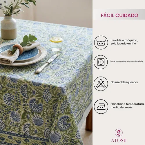 Vista 5 de ATOSII Mantel 100% algodón, Amara, floral, hecho a mano, rectangular, de lino, para cocina, comedor, fiestas, bodas, exteriores, picnics, Pascua