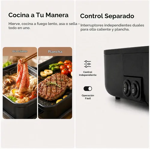 Vista 4 de Parrilla de olla caliente 2 en 1 Shabu Shabu eléctrica olla y plancha de doble temperatura, color negro