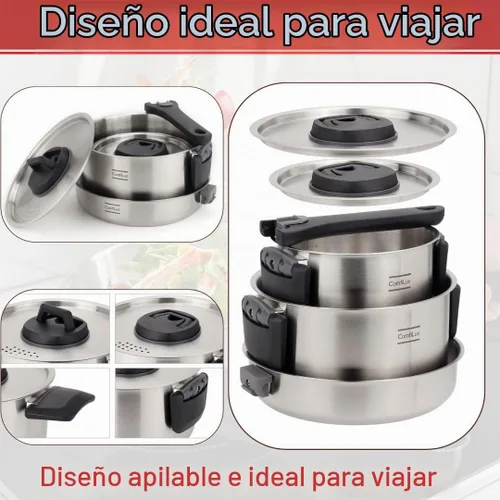 Vista 9 de Juego de utensilios de cocina de acero inoxidable para acampar, sartén con mango desmontable, ollas anidables para mochileros, campamento y cocina