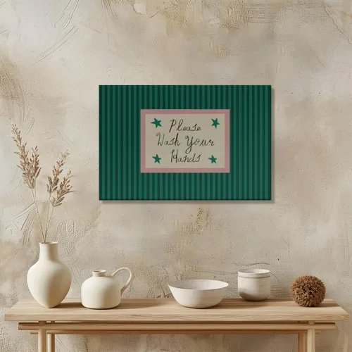 Vista 4 de Green Pink Striped Bathroom Wall Art Please Wash Your Hands Humor Canvas Print Mid Century Modern Poster and Posters for Vintage Bathroom