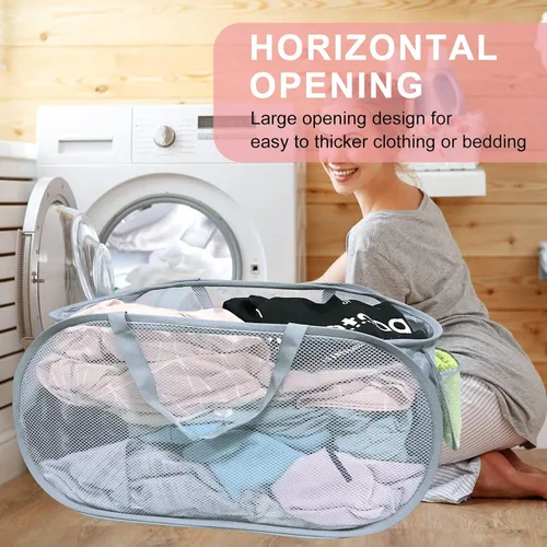 Vista 6 de 2 cestas de malla para la ropa sucia, canastas plegables para la ropa sucia, 75 L, cesta de almacenamiento horizontal con bolsillo lateral y asa