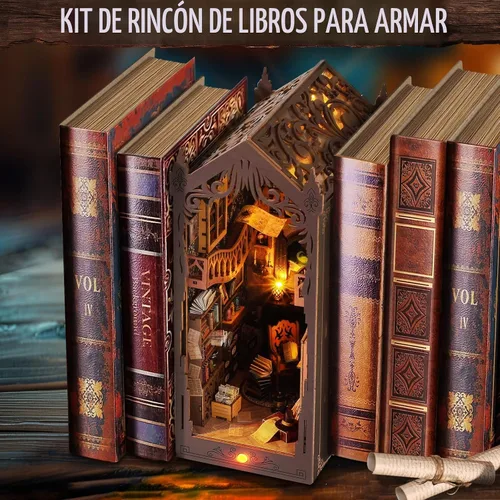 Vista 2 de Kit de rincón de libros de bricolaje: estante de rompecabezas de madera 3D con luz LED, decoración de sujetalibros en miniatura para adultos
