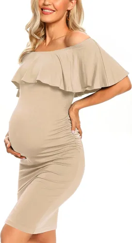 Vista 2 de Vestido de maternidad ajustado con volantes y hombros descubiertos, vestido de embarazo formal para baby showerfotografía