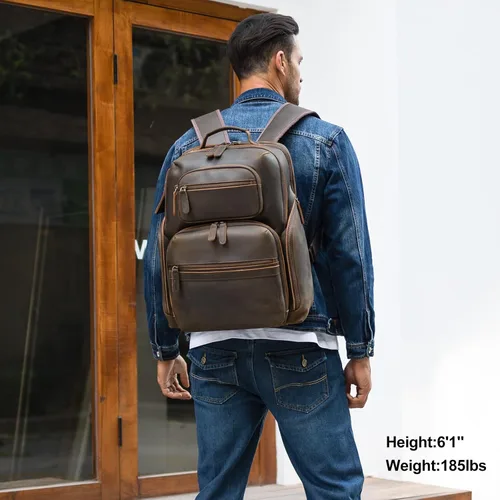 Vista 6 de TIDING Mochila para portátil de cuero vintage de 15.6 pulgadas para hombre, con múltiples bolsillos, mochila de viaje para negocios