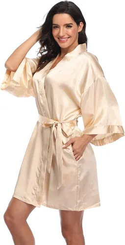 Vista 2 de Bata de satén para mujer, corta, sedosa, para dama de honor, novia, despedida de soltera, ropa para dormir