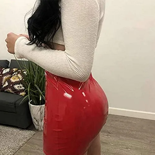 Vista 2 de Nituyy Minifalda sexy de piel brillante para mujer, estilo bodycon