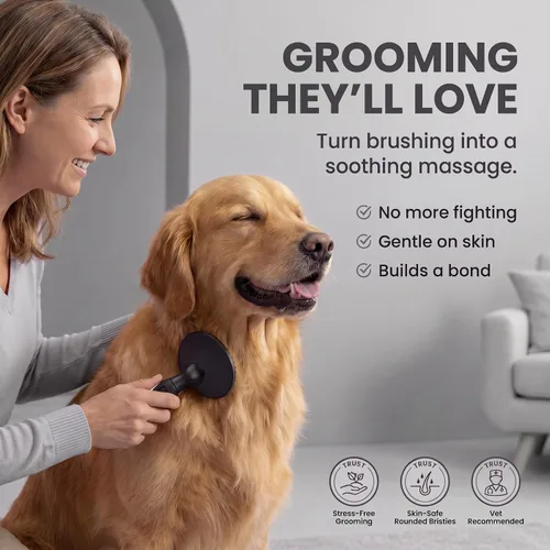 Vista 2 de Cepillo de cerdas redondas para mascotas para perros y gatos, cepillo suave para perros para aseo de pelo corto o largo, herramienta suave para Negro