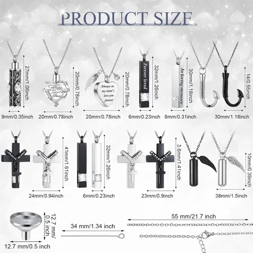 Vista 32 de 16 piezas de collar de urna para cenizas, medallón de cenizas talladas de acero inoxidable impermeable con 8 kit de relleno, cilindro de corazón
