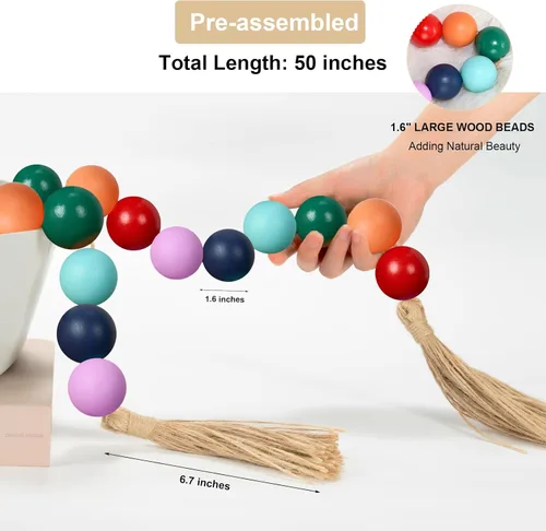 Vista 122 de OMISHE Guirnalda de cuentas de madera extra grande con cuentas de madera y borlas de 1.6 pulgadas de diámetro, cuentas decorativas rústicas de 41