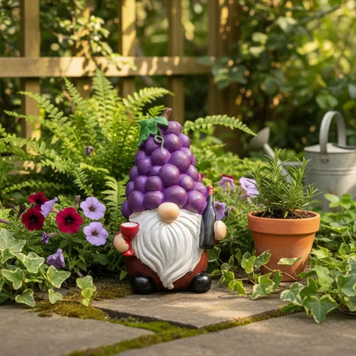 Vista 3 de Etlemonde Divertida estatua de gnomo de jardín caprichosa, decoración de resina en forma de uva de 5.9 pulgadas con botella de vino y vidrio, adorno