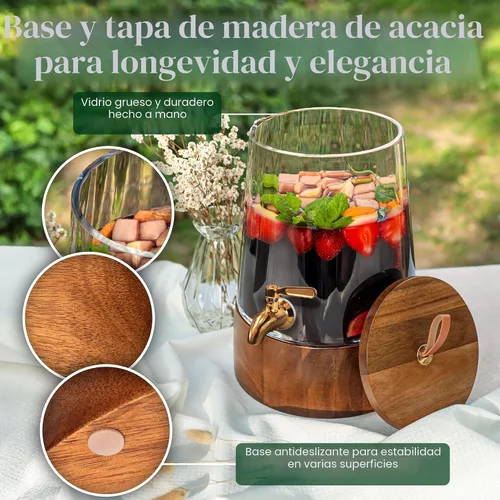 Vista 2 de FOODLE Dispensador de bebidas de vidrio con espita - Dispensador de bebidas de vidrio con soporte - Perfecto para fiestas y uso diario - Jarra