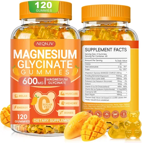 Vista 12 de Gomitas de glicinato de magnesio de 600 mg de alta absorción, glicinato de magnesio para mujeres y hombres con vitamina D, B6 y CoQ10 para adultos