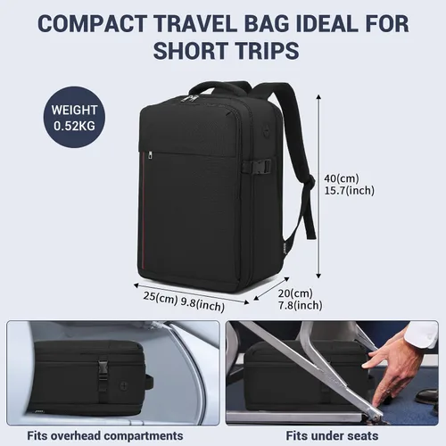 Vista 2 de Kono Mochila de mano 40x20x25 Bolsa de mano Viaje en avión 20L, mochila para laptop de 15.6 pulgadas, para hombres y mujeres, Negro, 20 l, Mochila