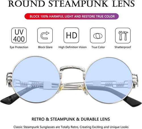 Vista 4 de AIEYEZO Gafas de sol redondas Steampunk Circle Lennon Hippie, montura de metal, lente con bloqueo UV 100%