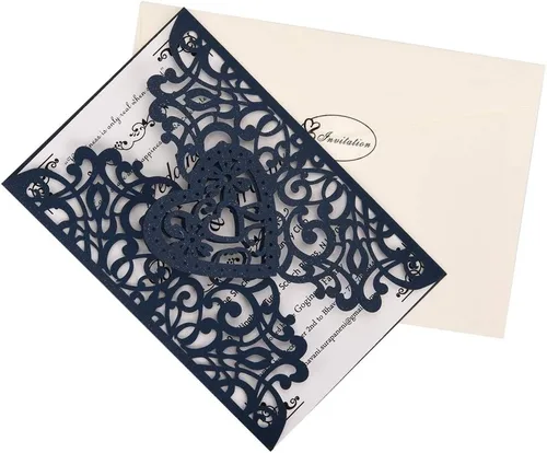 Vista 4 de FOMTOR Kit de invitaciones de boda cortadas con láser, 50 paquetes de invitaciones de boda cortadas con láser con papel imprimible en blanco y Azul