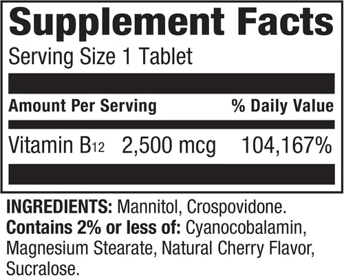 Vista 3 de Spring Valley Vitamina B12 Tabletas de disolución rápida Suplemento dietético Vitamina B12 2500 mcg Vitaminas B Complejo de vitamina B12