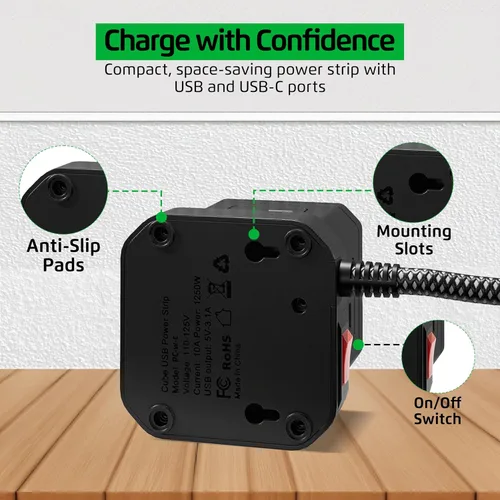 Vista 6 de Tiras de alimentación Cube con protección contra sobretensiones, cable de extensión de 10 pies con múltiples tomas, 5 enchufes de CA, 3 USB, 1
