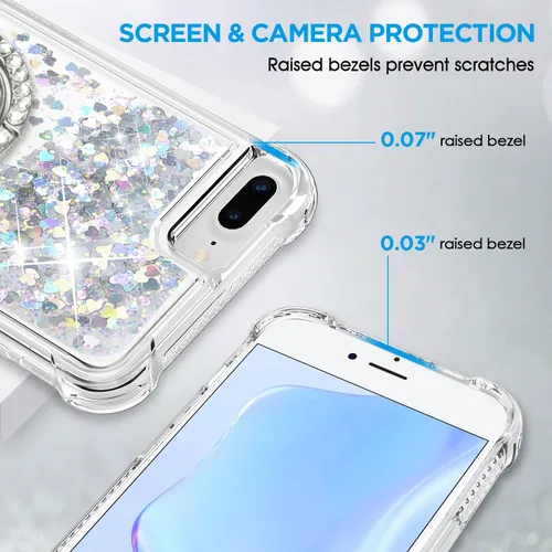 Vista 5 de Funda para iPhone 7 Plus/8 Plus, soporte de anillo con purpurina, funda protectora de TPU transparente a prueba de golpes, patrón de purpurina