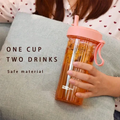 Vista 4 de Taza de agua creativa, una taza de dos bebidas diferentes, dos pajitas, para exteriores, para acampar, senderismo, mochileros, viajes, oficina