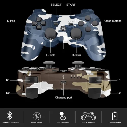 Vista 7 de Paquete de 2 controladores inalámbricos para PS3 con doble amortiguador, control de movimiento (camuflaje marrón y camuflaje azul)