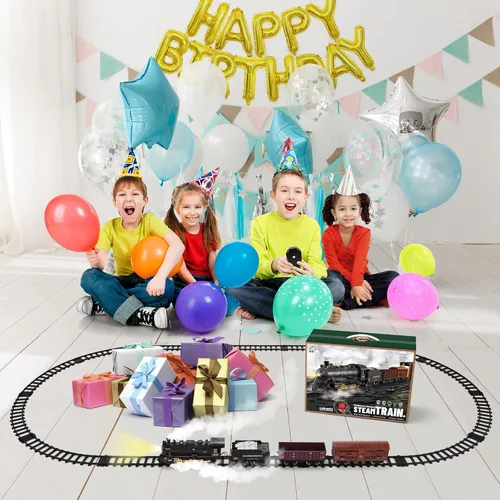Vista 2 de Juego de tren con control remoto, pista de tren eléctrico alrededor del árbol de Navidad con vehículo de carga, luz y sonidos, locomotora de vapor