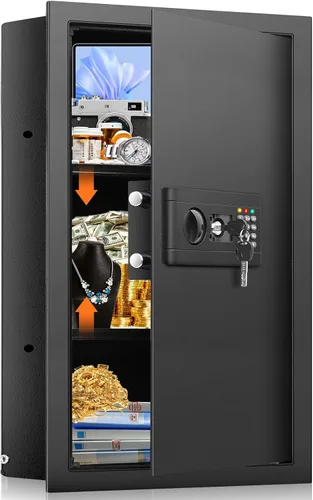 Vista 9 de Caja fuerte de pared de 17.7 pulgadas de alto entre los postes de 16 pulgadas, caja fuerte de pared oculta con 2 estantes extraíbles y bandeja