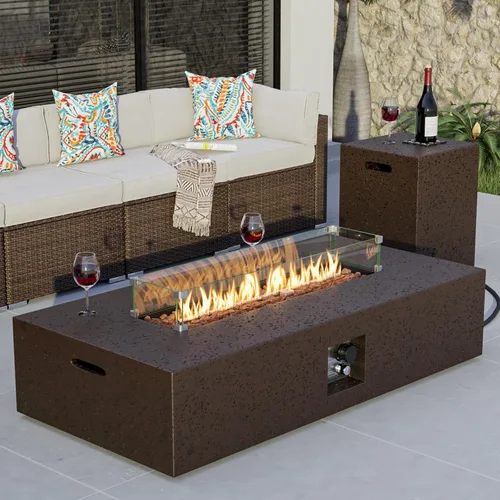 Vista 14 de COSIEST mesa de fogata a propano para exteriores de 35 pulgadas cuadrada de arenisca con protector contra el viento y mesa lateral, certificada