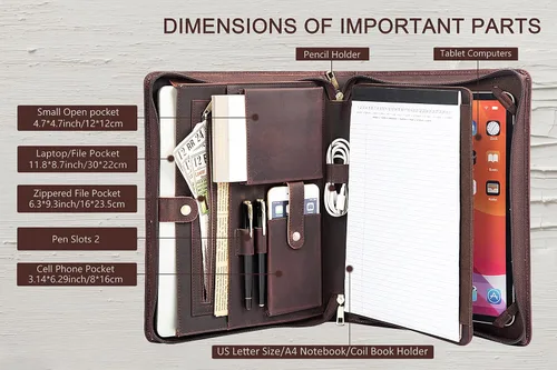 Vista 6 de AZXCG Portafolio de cuero para hombre, hecho a mano, con cremallera, organizador de documentos de negocios para cuaderno tamaño carta A4, funda