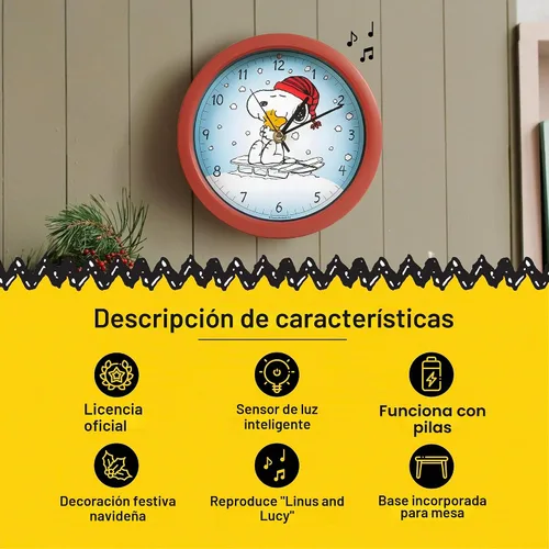 Vista 5 de Mark Feldstein, Snoopy de Peanuts en trineo Reloj de sonido navideño, rojo, 20,3 cm