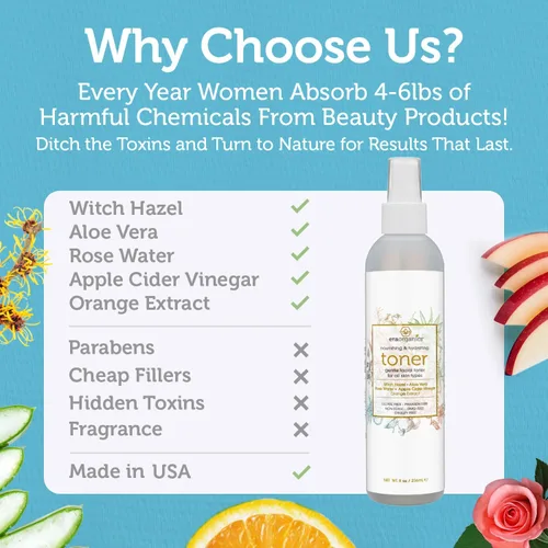 Vista 5 de Era Organics Tónico hidratante para la cara, refrescante y equilibrante, antienvejecimiento, niebla facial con agua de rosas, vinagre de sidra