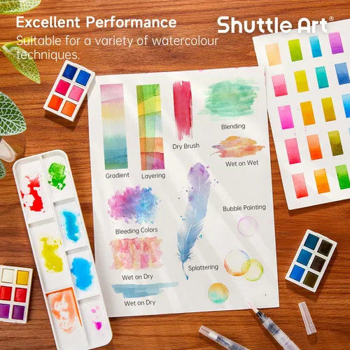 Vista 2 de Shuttle Art - Juego de pintura de acuarela de 48 colores en medias bandejas con 2 bolígrafos de pincel de agua, 10 pinceles de pintura, 1