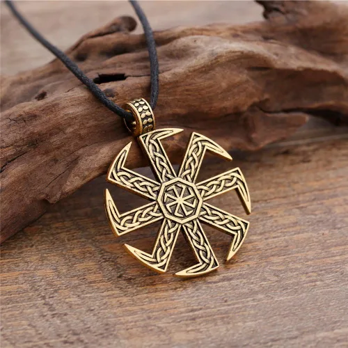 Vista 2 de My Shape Collar eslavo con colgante de colóvrata de amuleto eslavo con rueda de sol, joyería pagana de Kolovrat, Metal Zinc