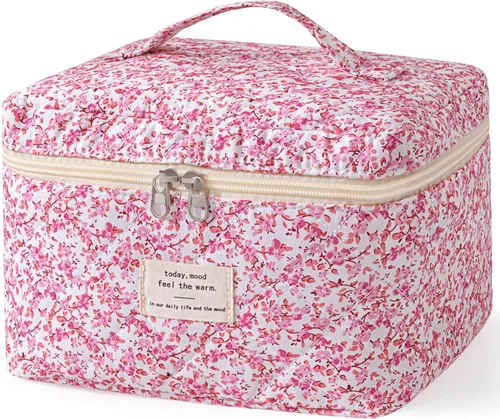 Vista 8 de HBselect Bolsa de Maquillaje Acolchada, Bolsa de Maquillaje Grande de Algodón para Viaje, Lindas Bolsas de Maquillaje con Flores Coquette, Bolsas