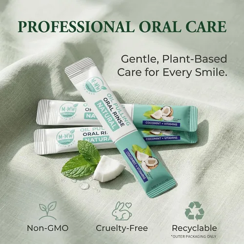 Vista 7 de Enjuague bucal con aceite de coco, esenciales de viaje portátiles, aceite de tracción natural para dientes y encías, paquetes de uso único